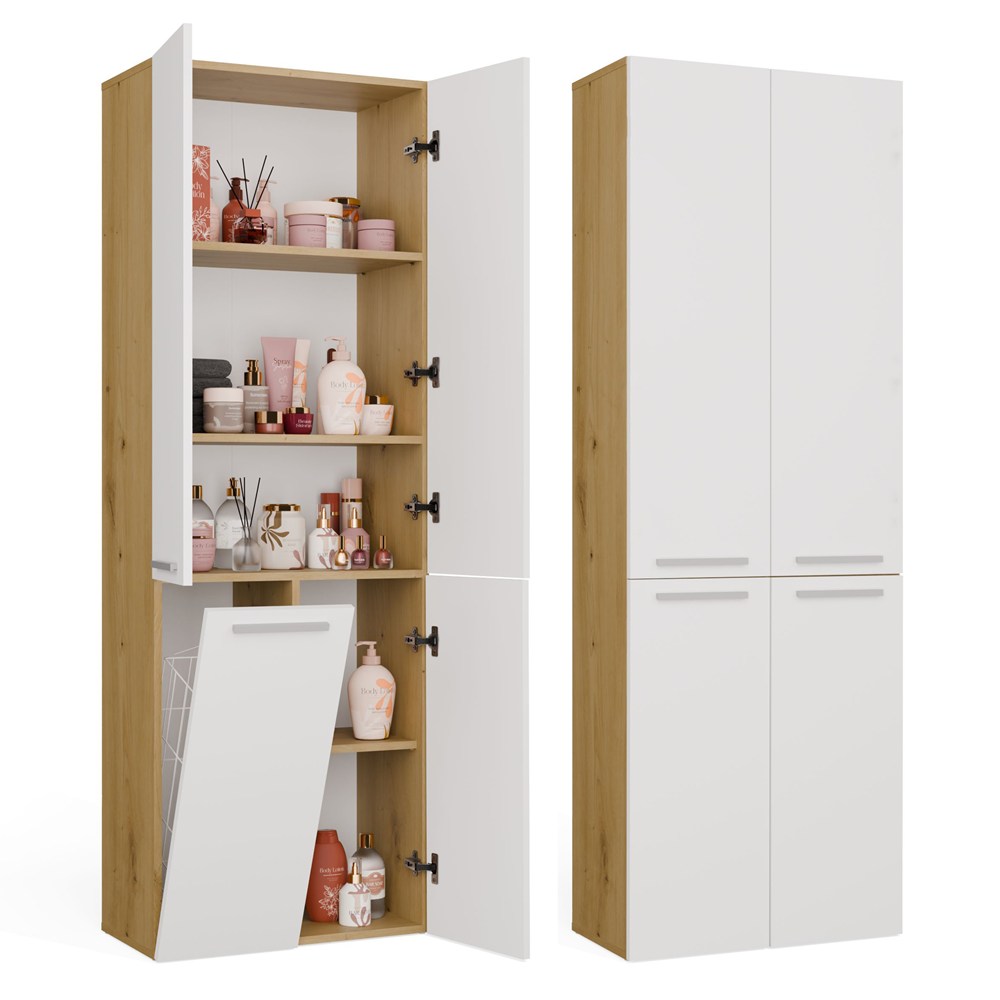 Badezimmerschrank NEL 1K DD Regal Säule mit Wäschekorb EICHE ARTISAN / WEISS