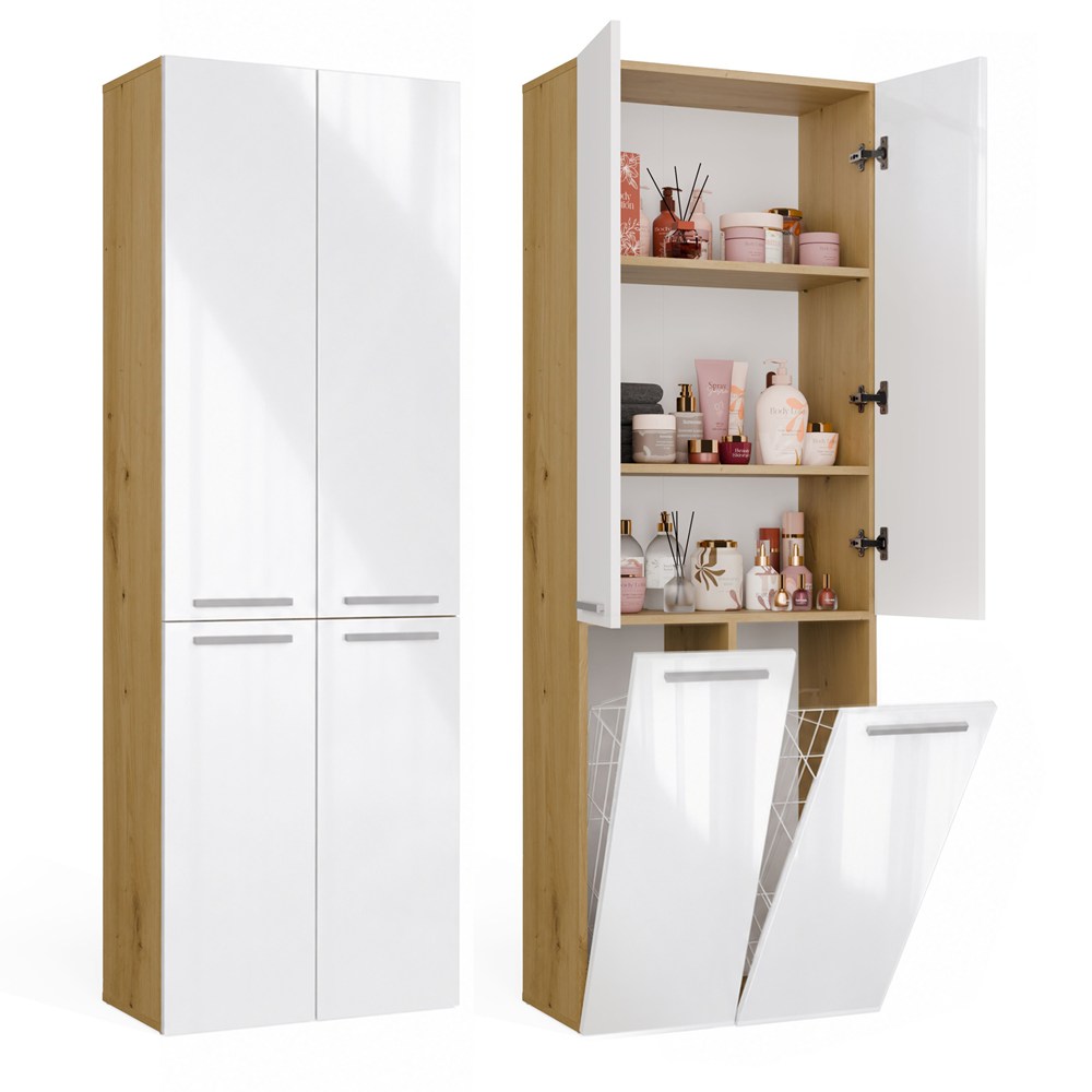 Badezimmerschrank NEL 2K DD Säule 2 Wäschekörbe WEISS GLANZ ARTISAN EICHE