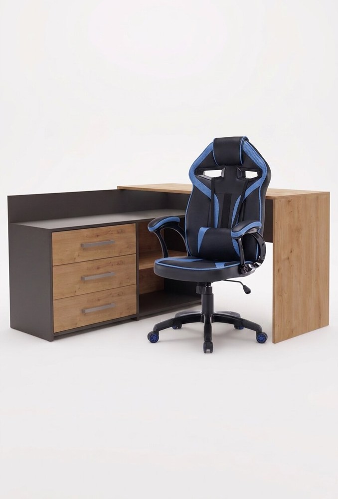 Set ECKSCHREIBTISCH DANY ANTHRAZIT / ARTISAN EICHE + STUHL DRIFT BLAU