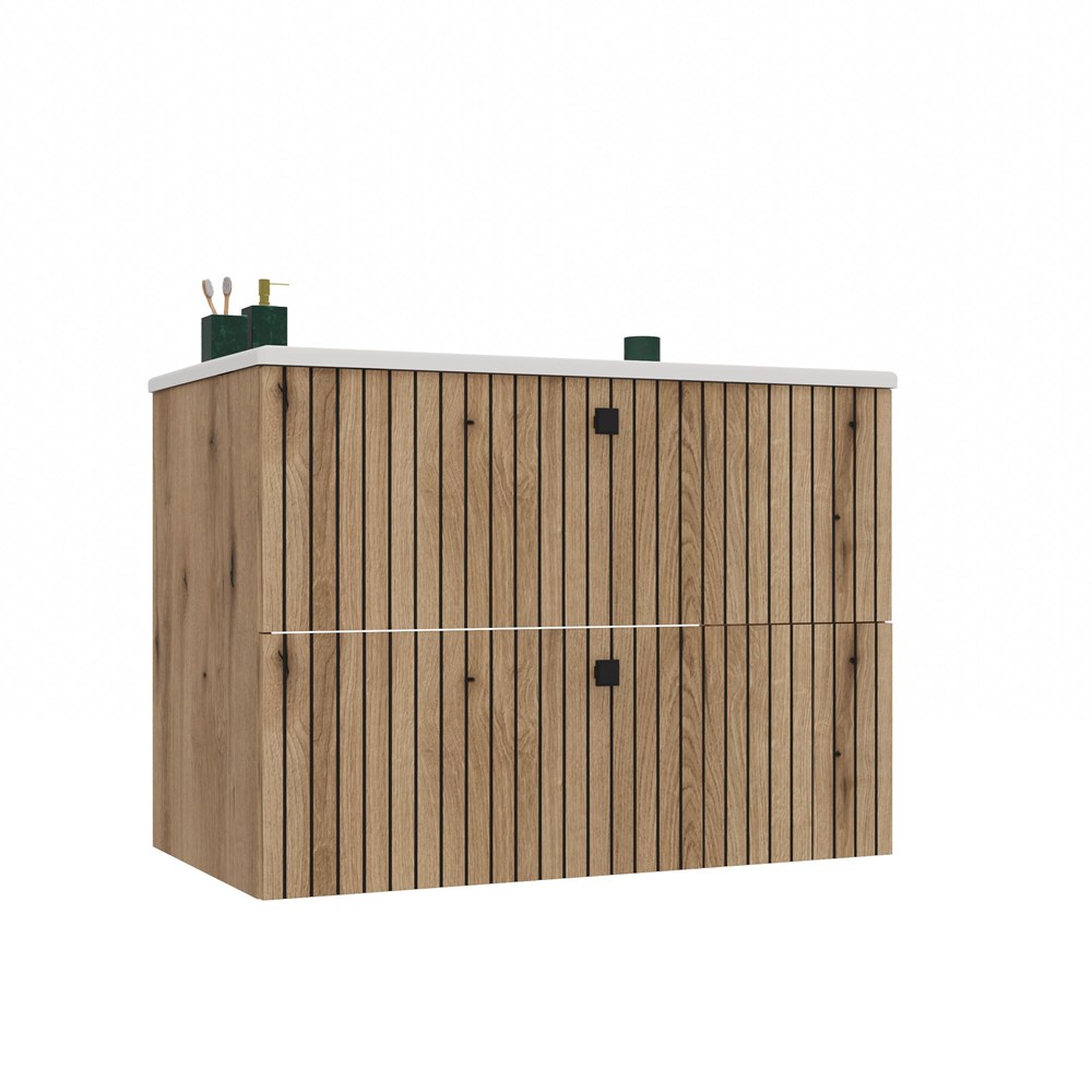 UNTERSCHRANK FÜR WASCHBECKEN TIGO 80 2S EICHE EVOKE GERILLTE FRONT + WASCHBECKEN