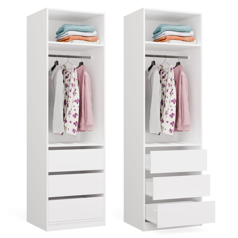 Garderobenschrank OPENO 1W1P3S WEISS Modulares Regal mit Kleiderstange 3 Schubladen
