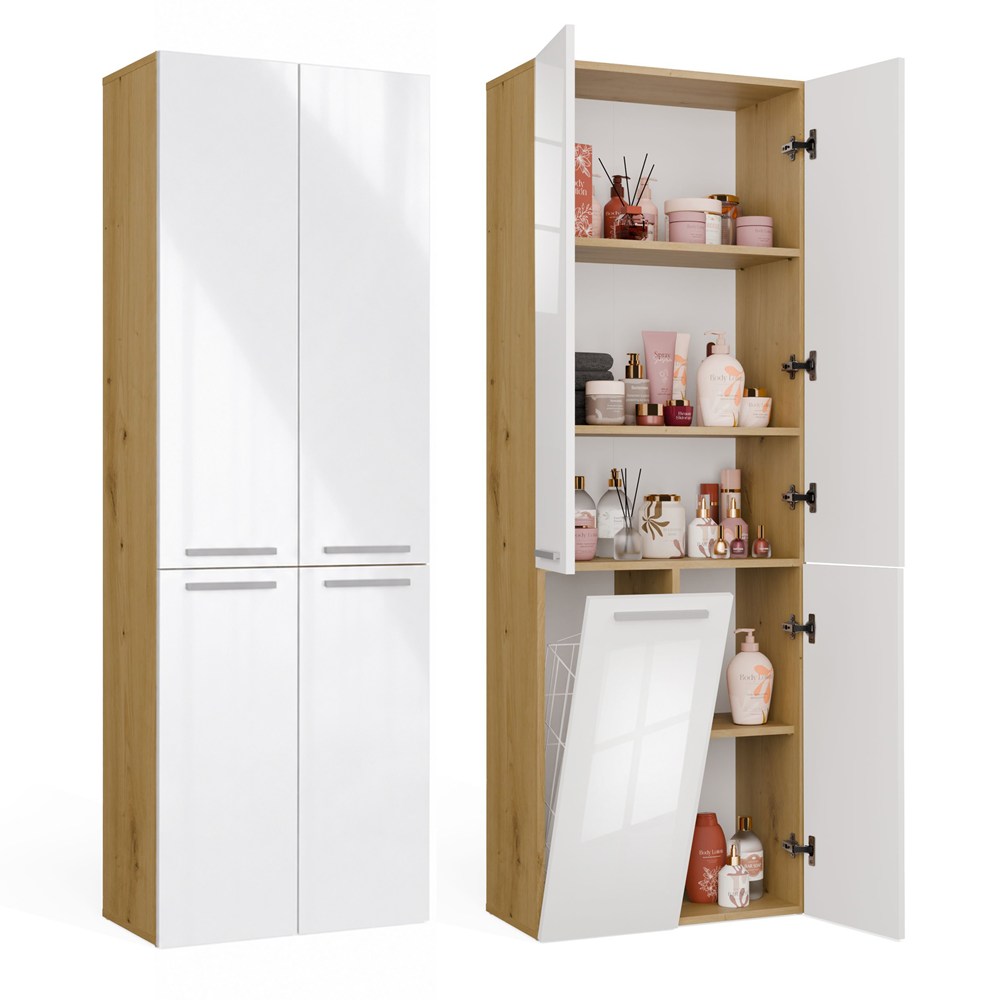Badezimmerschrank NEL 1K DD Regal Säule Wäschekorb EICHE ARTISAN / WEISS HOCHGLANZ