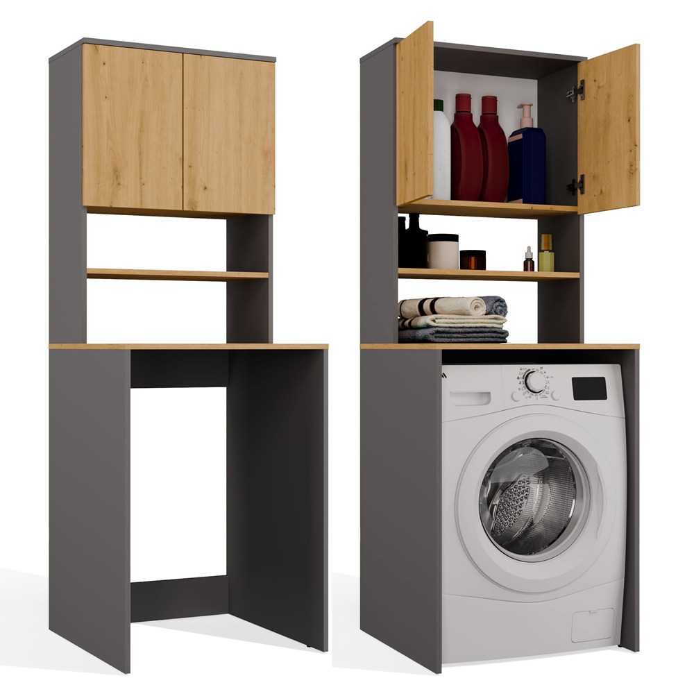 Badezimmerschrank POLA MULTI Über Waschmaschine Säule Regal ANTHRAZIT EICHE ARTISAN