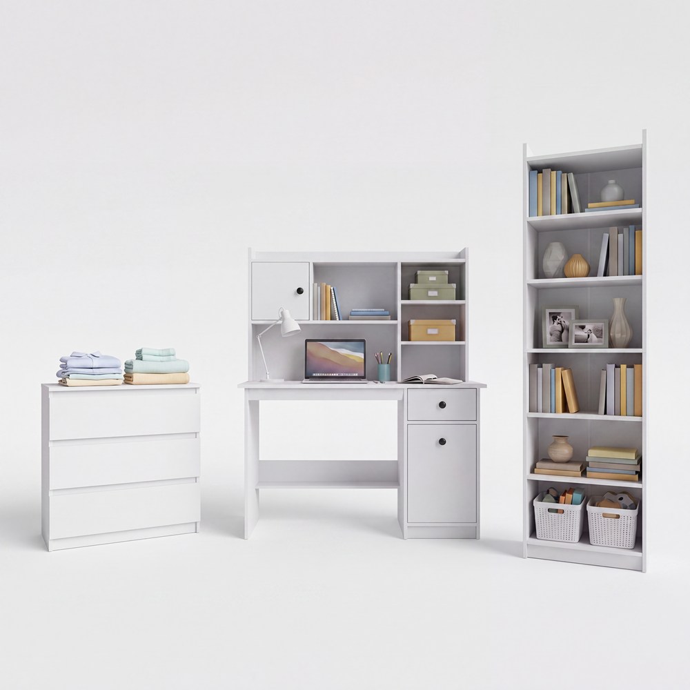 Möbelset Schreibtisch Chester + Aufsatz 120 + Kommode M3 + Regal Rimini WEISS