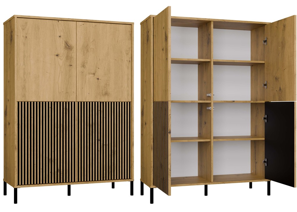 Vitrine KAMARO 4DK SLIM/GLATTE ARTISAN EICHE 4 Türen Lamellen Front Gerillt + Klassisch