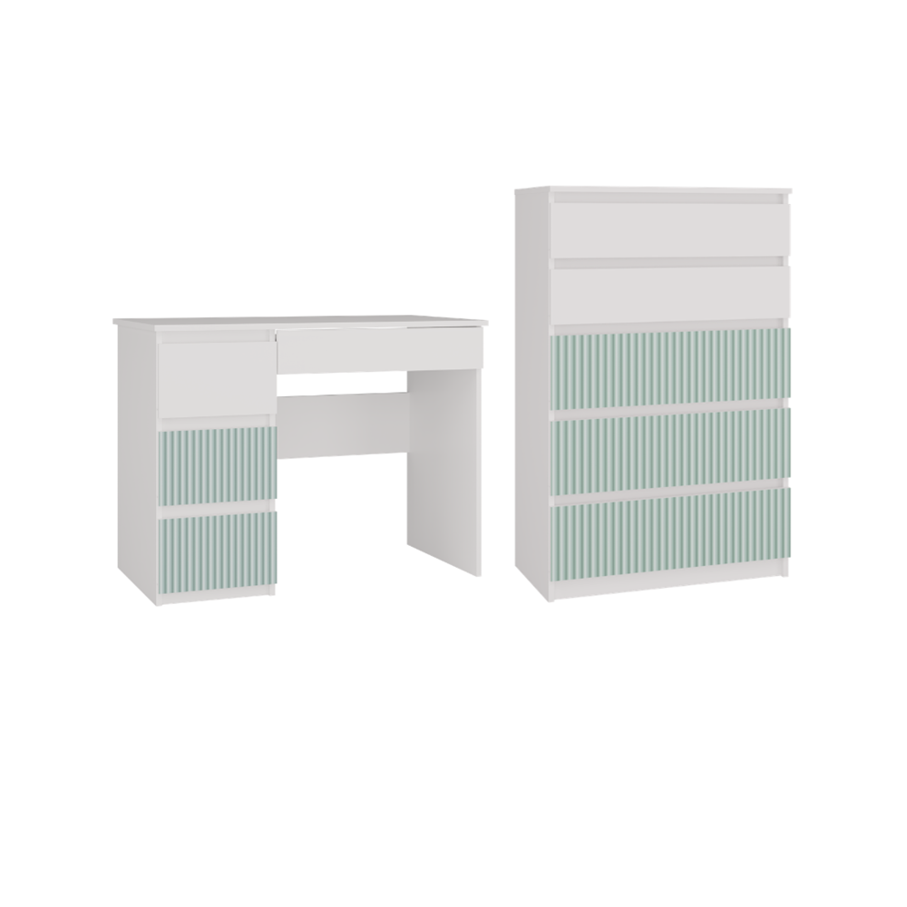 Möbelset ARTESO Kinder Schreibtisch MIJAS LINKS + Kommode M5 WEIß MINZGRÜN