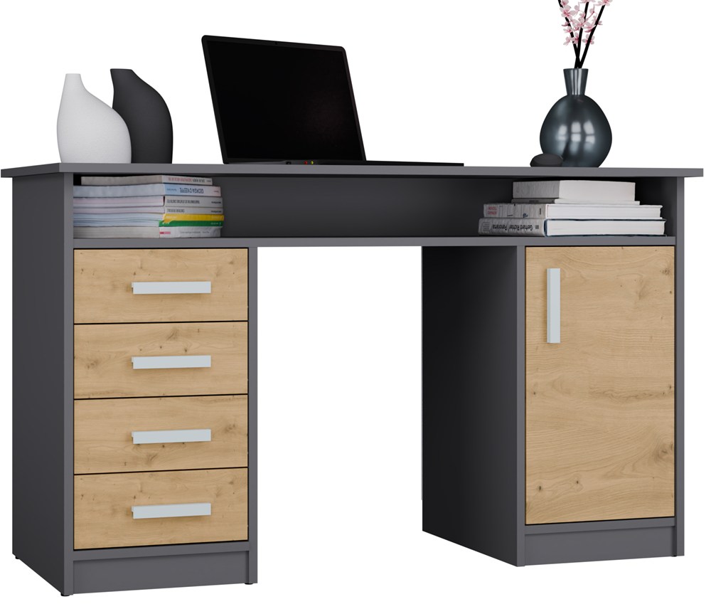 Schreibtisch ADA ANTHRAZIT EICHE ARTISAN 125 Cm 4 Schubladen Schrank Regale Für Büro Zimmer Laptop