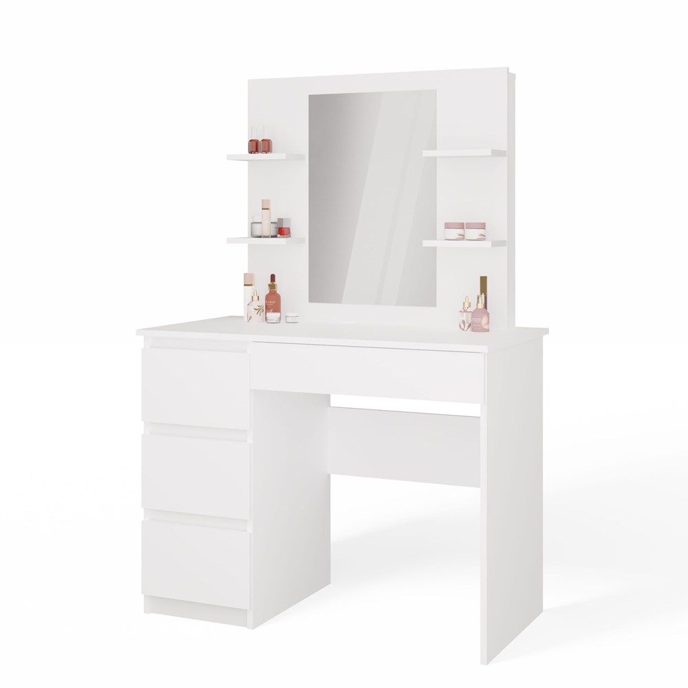Frisiertisch MARINA 4P SPIEGEL MIJAS LINKS 4 Schubladen 4 Regale WEISS Für Schlafzimmer