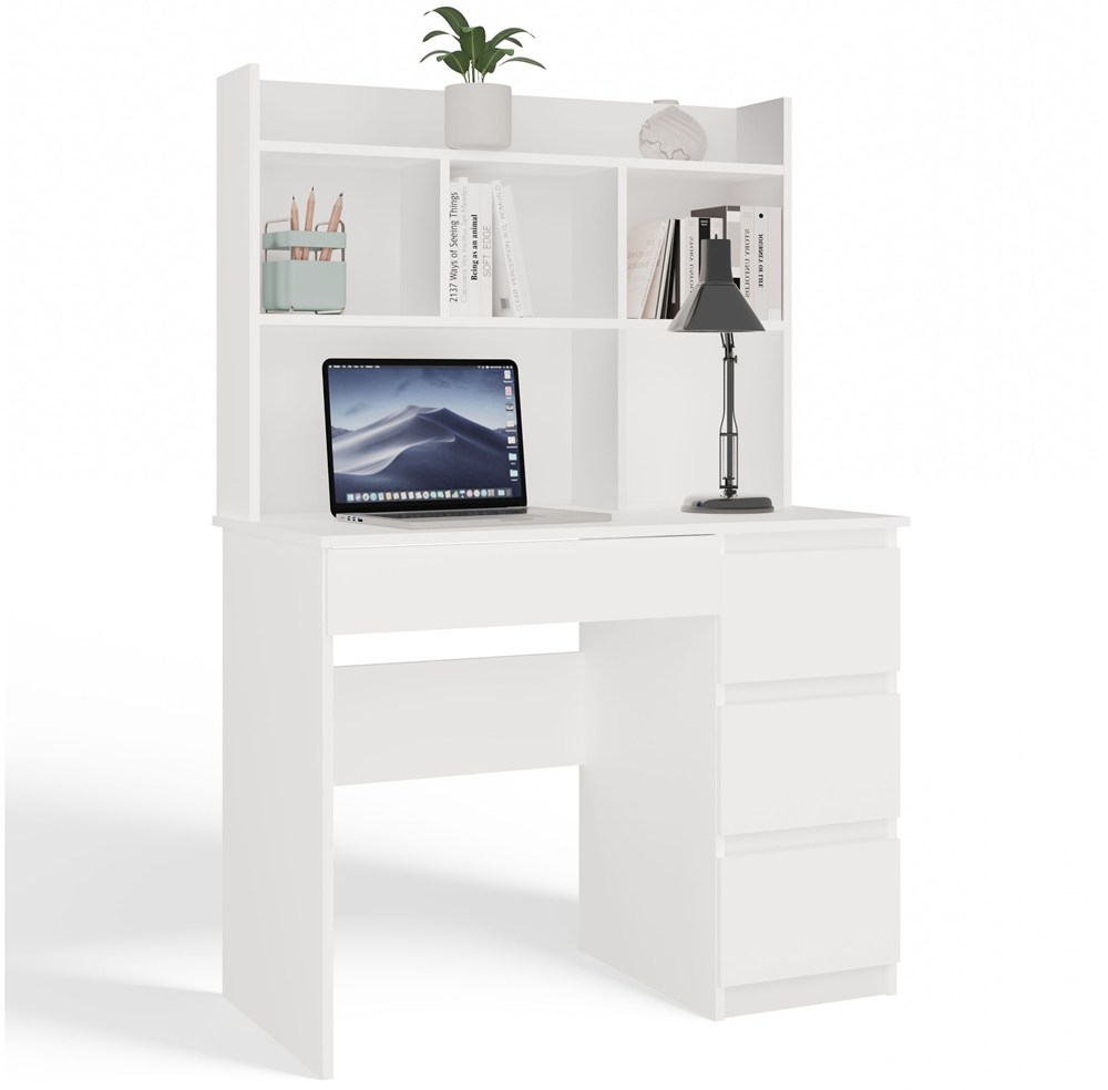 Schreibtisch MIJAS Rechts mit Aufsatz Weiß Matt 4 Schubladen 4 Regale Für Büro Zimmer