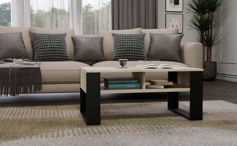 Raumhirsch Table basse 90x50x58 cm Avec rangement chêne Sonoma / noir – détail 1
