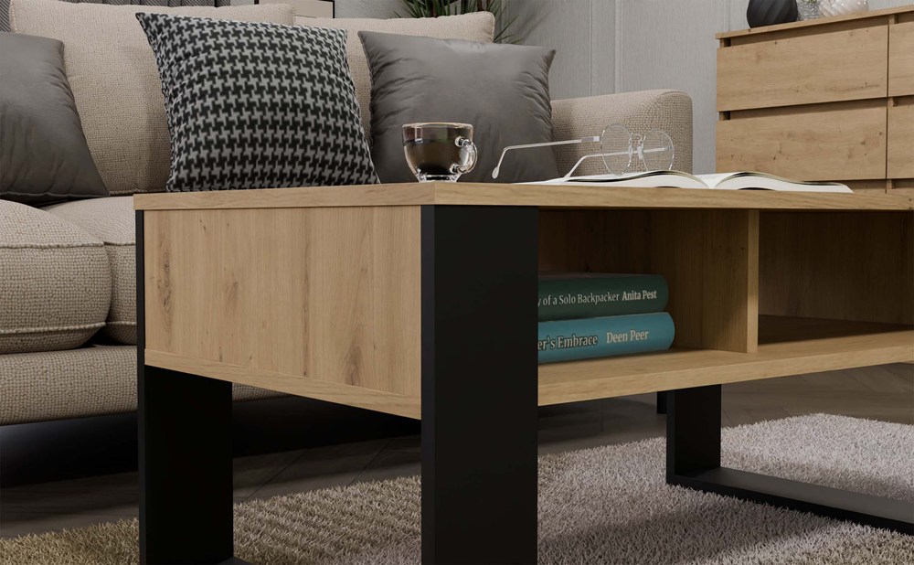 Raumhirsch Table basse 90x50x58 cm Avec rangement chêne Artisan / noir – détail 2