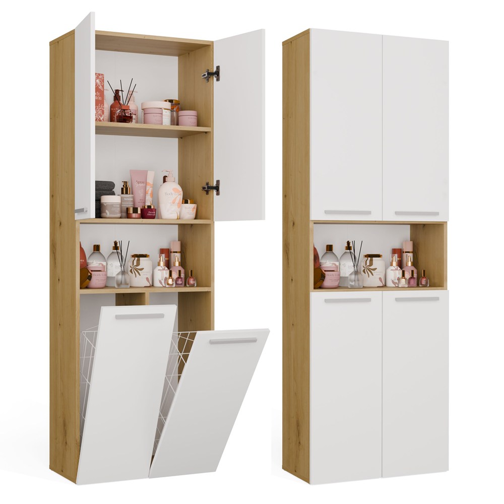 Badezimmerschrank NEL 2K DK Regal Säule 2 Wäschekörbe WEISS EICHE ARTISAN