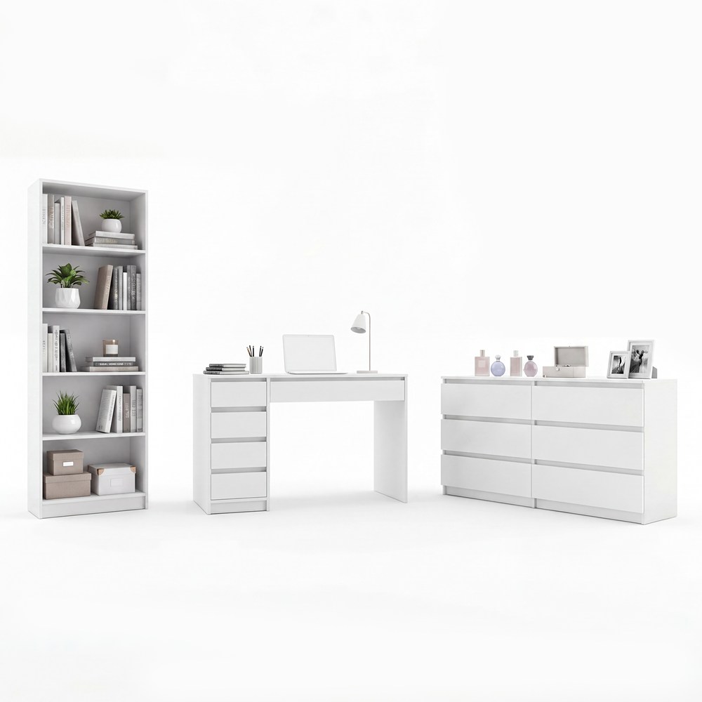 Möbelset Schreibtisch Arto + Kommode Malwa M6 + Regal R60 WEISS Für Zimmer Büro