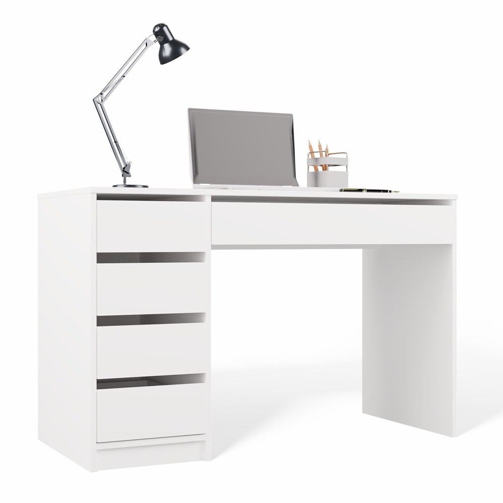 Schreibtisch ARTO WEIß 120 CM 5 Schubladen Schrank Modern Für Arbeit Zuhause Büro