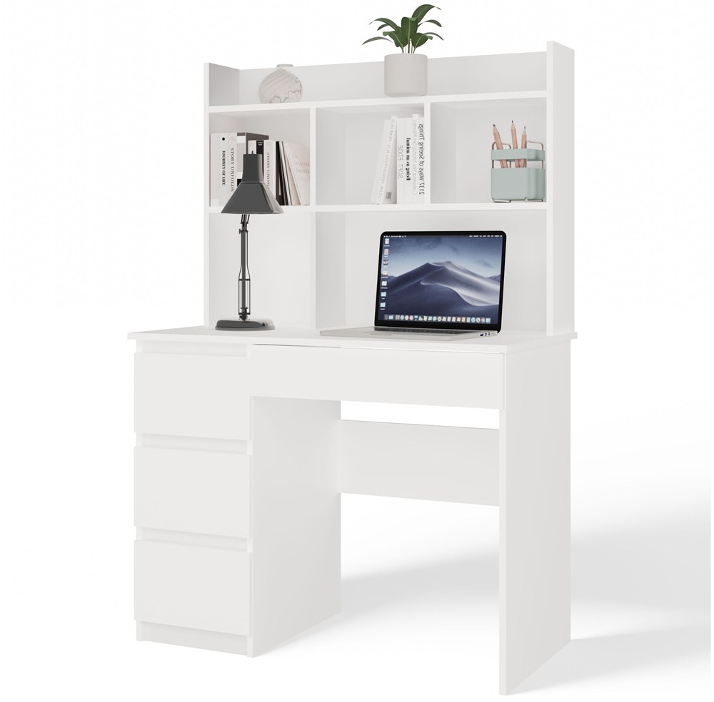 Schreibtisch MIJAS Links Mit Aufsatz Weiß Matt 4 Schubladen 4 Regale Für Büro Zimmer