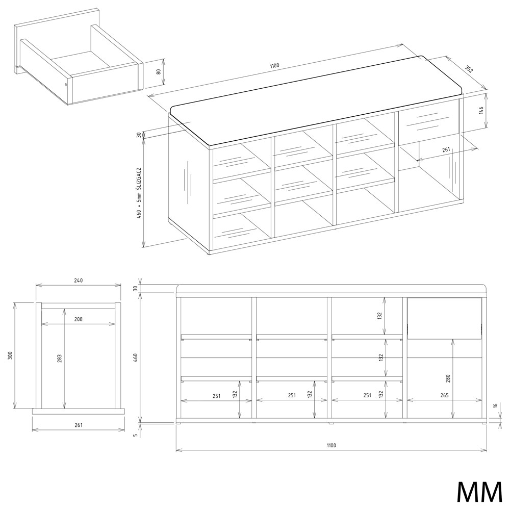 Szafka Na Obuwie Buty Otwarta TALLIN ANTRACYT DĄB ARTISAN Do Przedpokoju