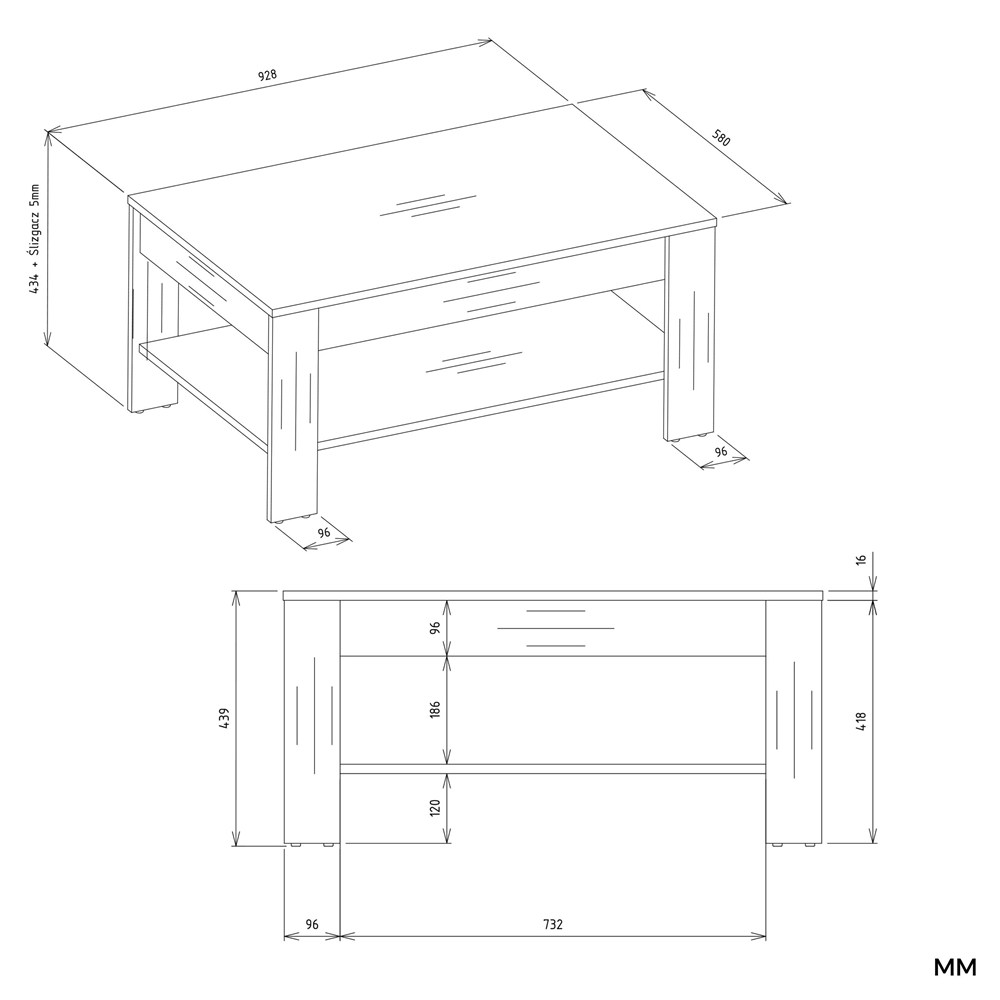 Raumhirsch Table basse 93x44x58 cm Avec rangement chêne Artisan / noir – dimensions