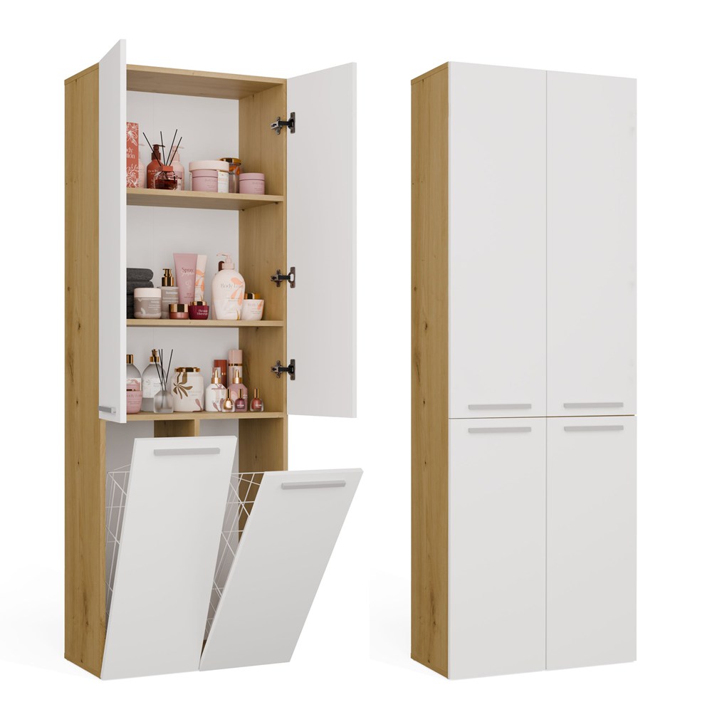 Badezimmerschrank NEL 2K DD Regal Hochschrank 2 Wäschekörbe WEISS ARTISAN EICHE