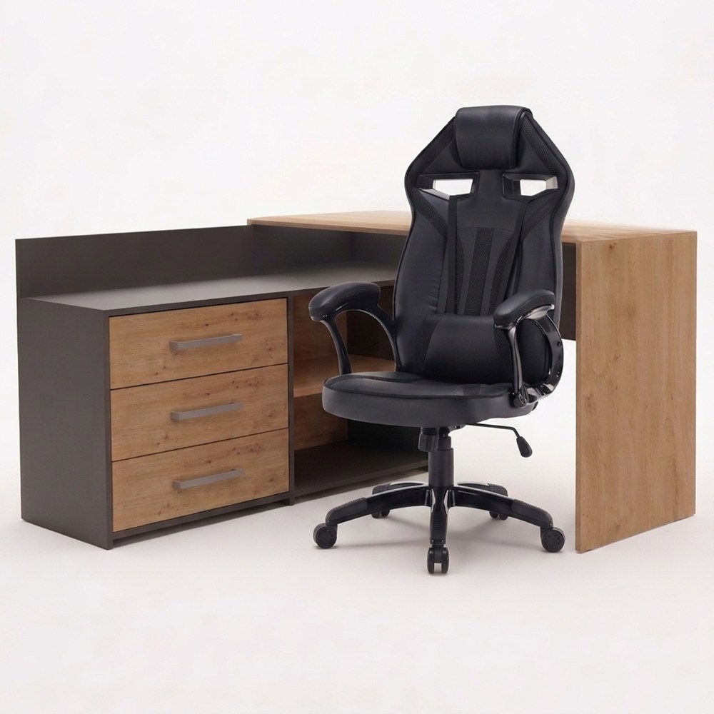 Set ECKSCHREIBTISCH DANY ANTHRAZIT / DĄB ARTISAN + Stuhl DRIFT SCHWARZ