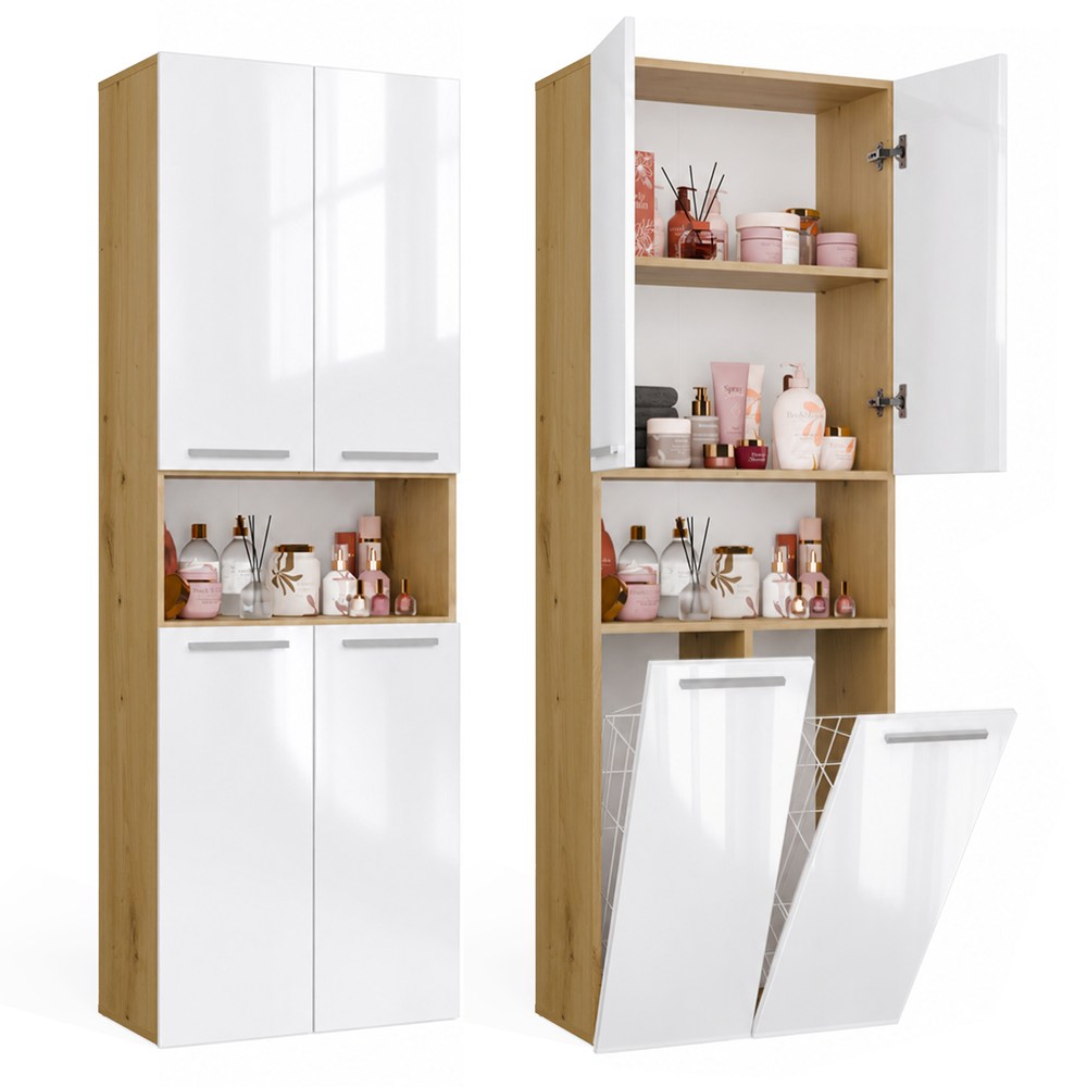 Badezimmerschrank NEL 2K DK Regal Säule 2 Wäschekörbe WEISS GLANZ DĄB ARTISAN