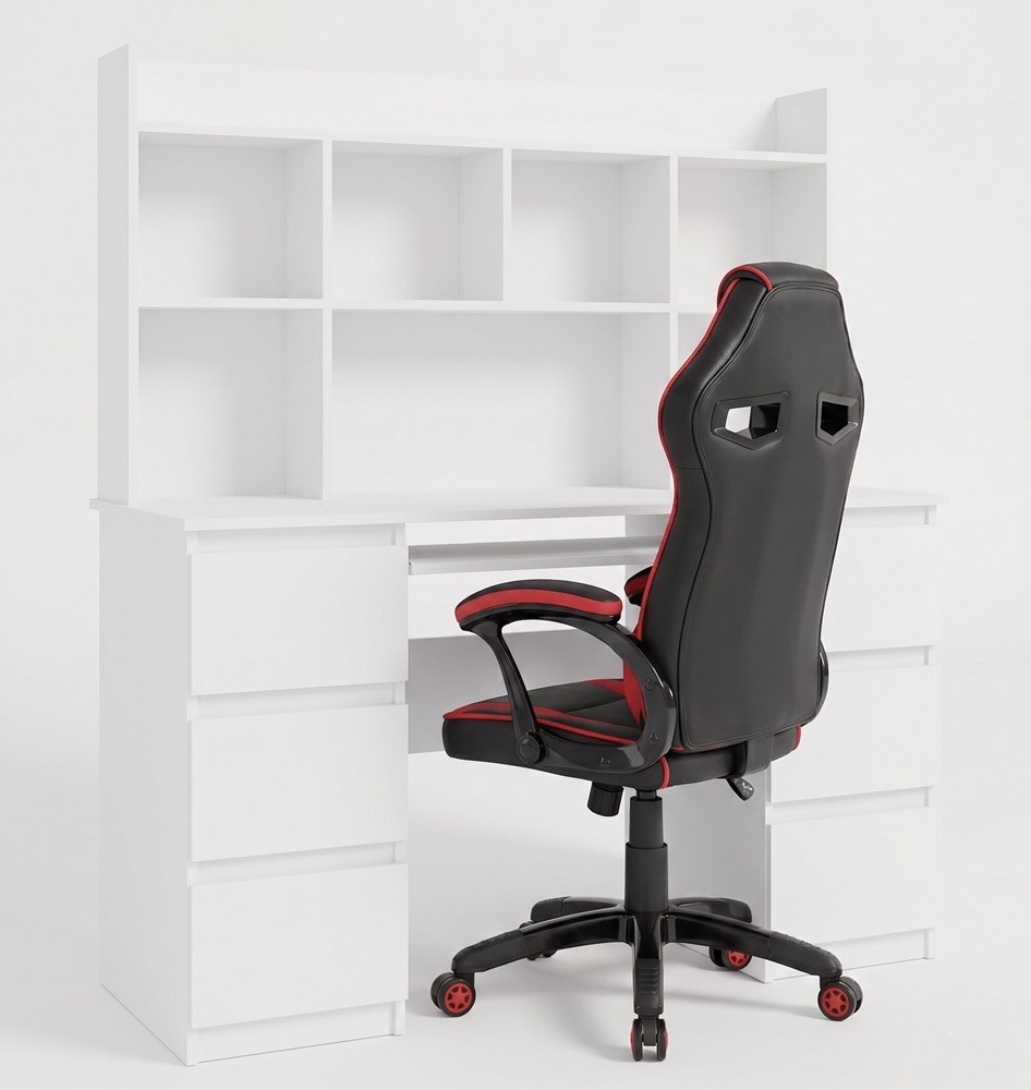 Schreibtisch KUBA MIT Aufsatz WEIß + Stuhl DRIFT ROT Set 6 Schubladen