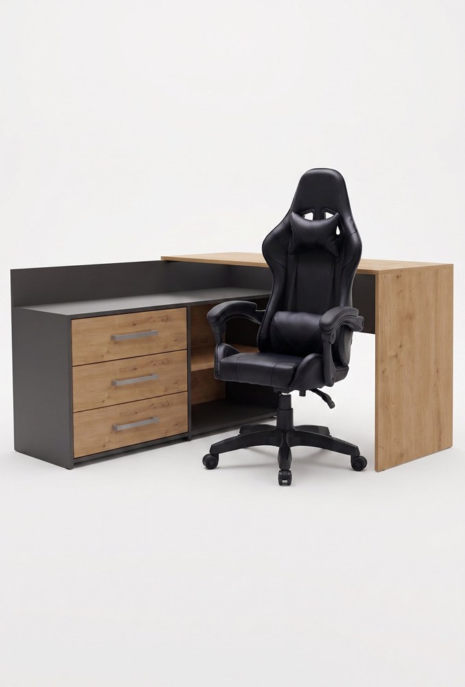 Set SCHREIBTISCH DANY Eckig ANTHRAZIT / EICHE ARTISAN + Stuhl REMUS SCHWARZ