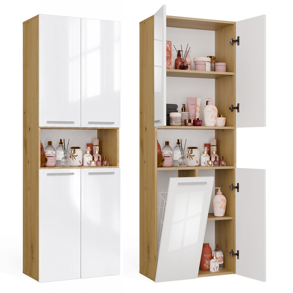 Badezimmerschrank NEL 1K DK Regal Säule mit Wäschekorb EICHE ARTISAN WEISS HOCHGLANZ