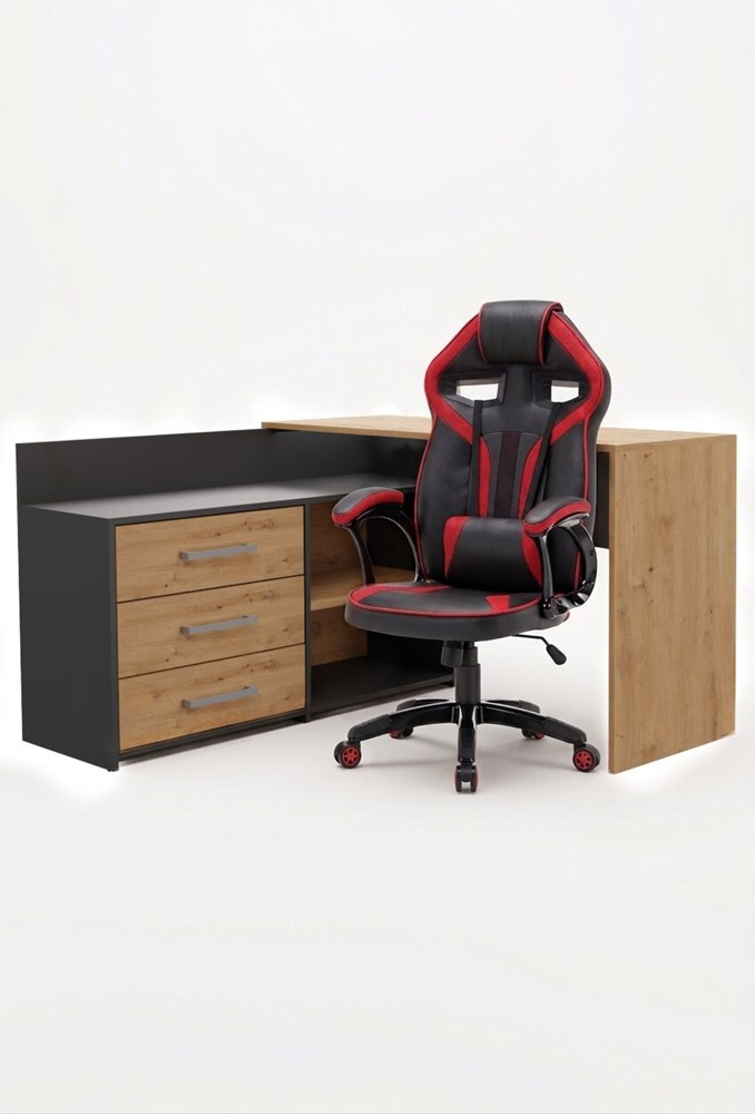 Set SCHREIBTISCH DANY Eckig ANTHRAZIT / EICHE ARTISAN + Stuhl DRIFT ROT