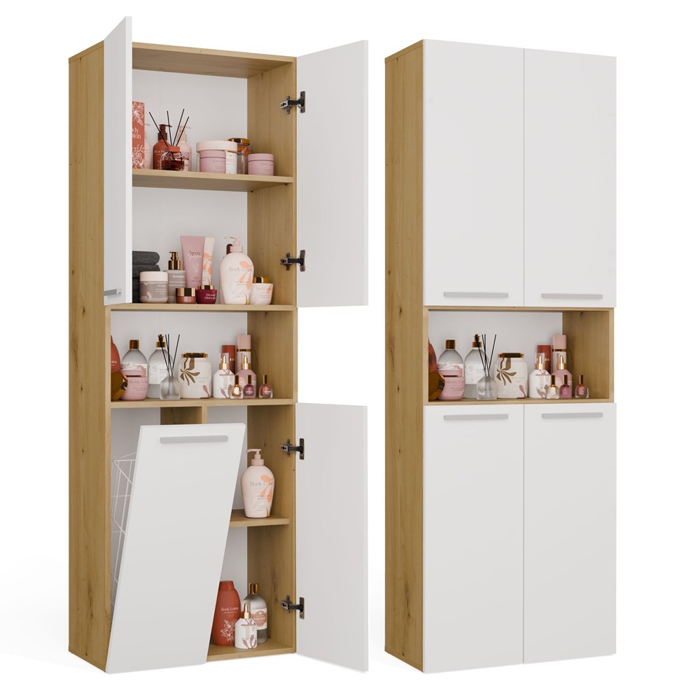 Badezimmerschrank NEL 1K DK Regal Schrank mit Wäschekorb EICHE ARTISAN / WEISS