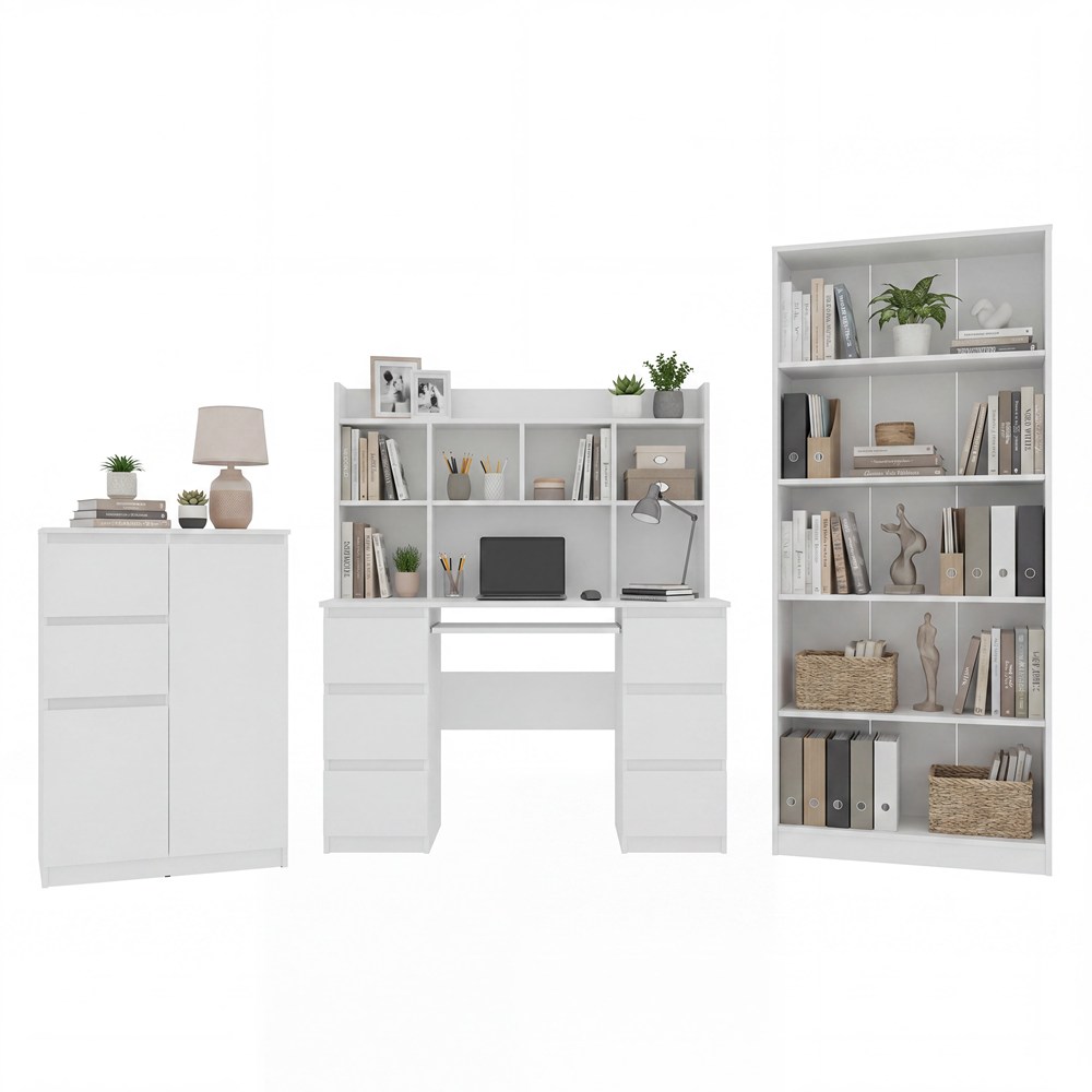 Möbelset Schreibtisch Kuba mit Aufsatz 130 + Kommode 2D2S + Regal R80 WEISS