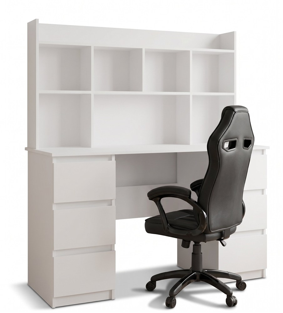 Schreibtisch KUBA MIT Aufsatz WEIß + Stuhl DRIFT SCHWARZ Set 6 Schubladen