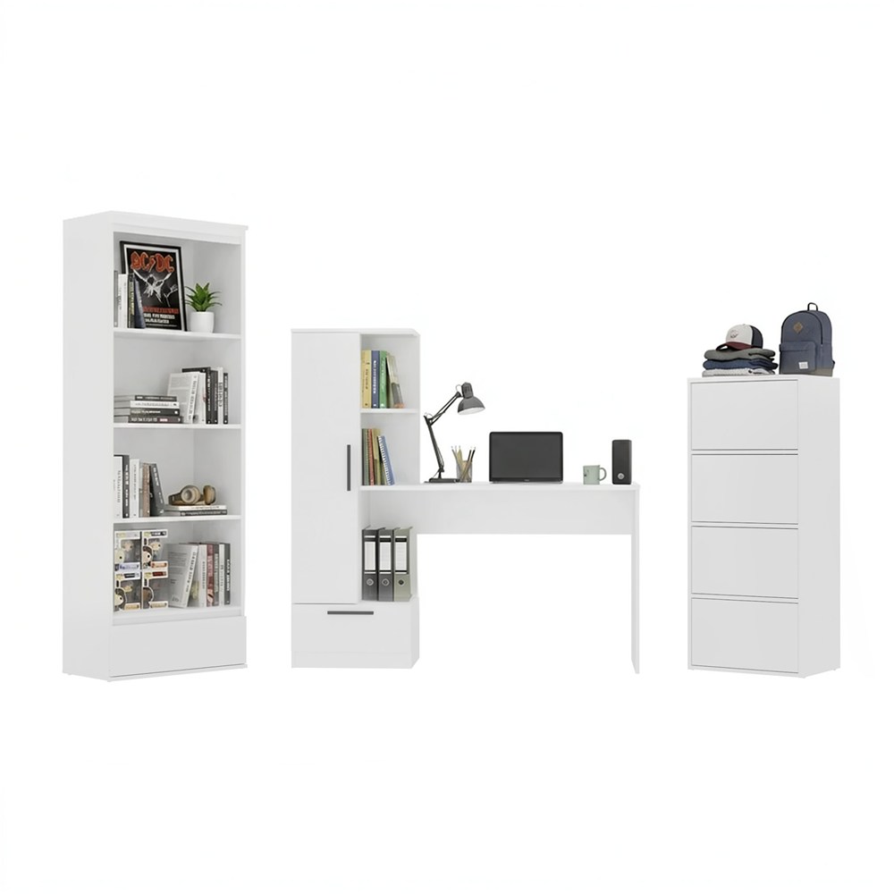 Möbelset Schreibtisch Cosmo + Kommode Alma + Regal Palermo WEISS Für Zimmer
