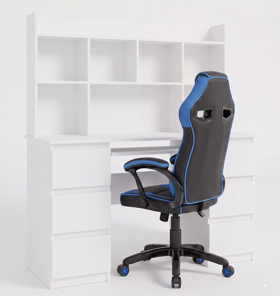 Schreibtisch KUBA MIT AUFSATZ WEISS + Stuhl DRIFT BLAU Set 6 Schubladen
